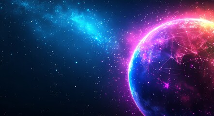 Obraz premium The earth becomes interconnected through digital data streams in space