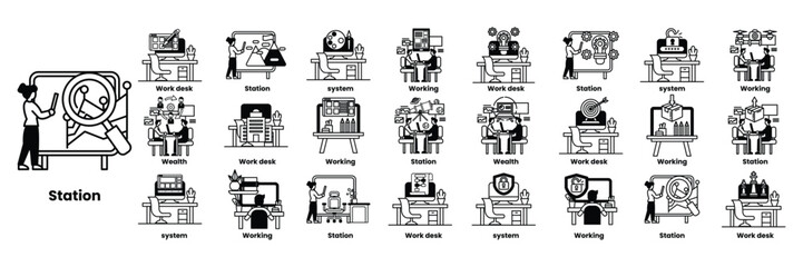 A series of images of people working at a desk in line drawing style