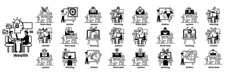 A series of images of people working at a desk in line drawing style
