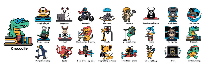 A collection of cartoon animals with a crocodile in the middle