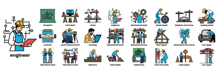 A series of images of people in various work settings, including construction