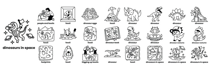 Fototapeta premium A cartoon of a dinosaur in space with a man in a dinosaur costume in line drawing style