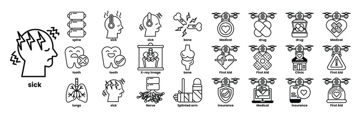 A collection of medical icons, including a heart, a skull in line drawing style