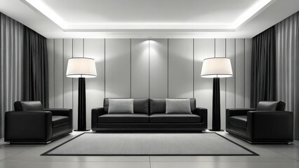 Modern living room with black leather furniture, floor lamps, and minimalist decor in neutral tones.