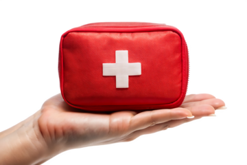 Female hand holding red first aid medical kit bag isolated on white background. PNG. AI GENERATIVE