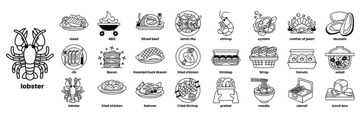 A crab is shown with a variety of foods on its shell in line drawing style