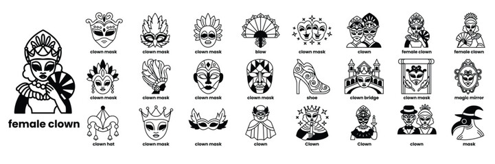 A collection of faces and masks, including a woman with a fan, a clown in line drawing style