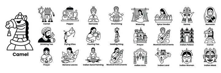 The image is a collection of various Indian symbols and icons in line drawing style