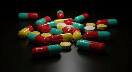 Assorted pills scattered on dark surface