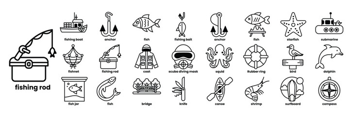 A collection of fishing and boating icons in line drawing style