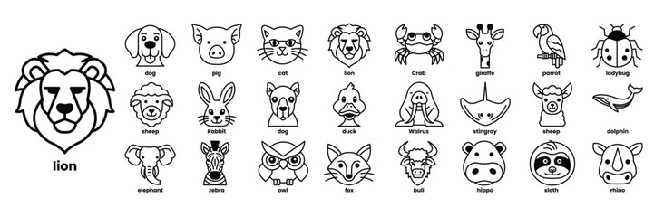 A collection of animal faces, including a lion, a dog, a cat, a bird, a fish in line drawing style