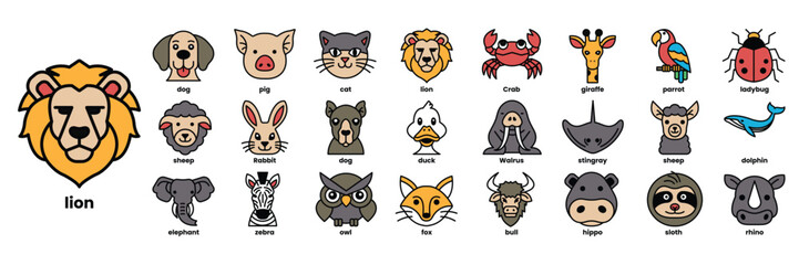 A collection of animal faces, including a lion, a dog, a cat, a bird, a fish