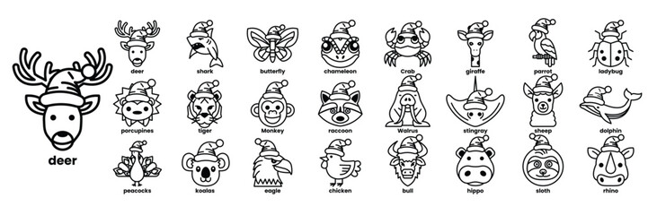 A collection of animal faces with Santa hats on them in line drawing style