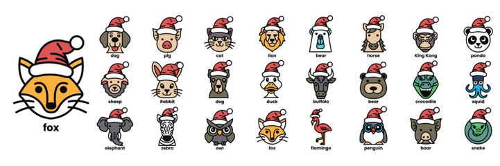 A collection of animal faces with Santa hats