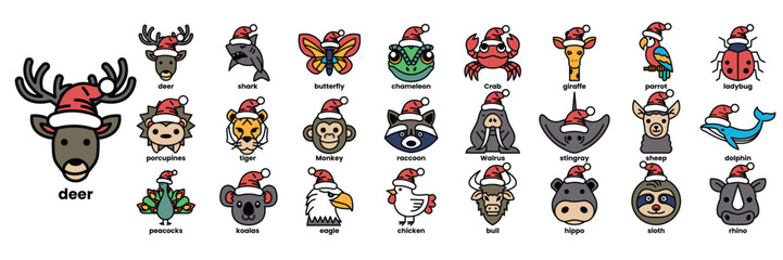 A collection of animal faces with Santa hats on them