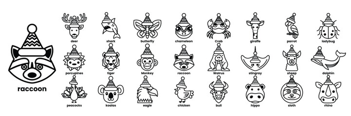 A collection of animal faces with hats on them in line drawing style