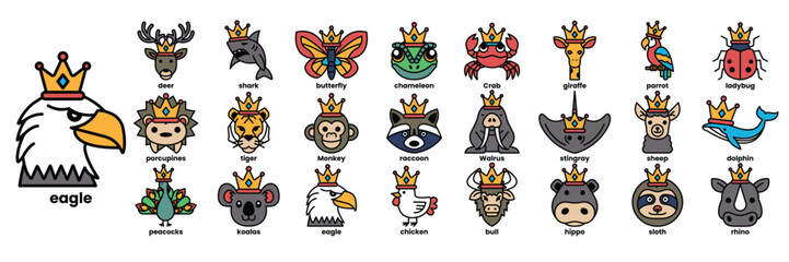A collection of animal faces with crowns on them