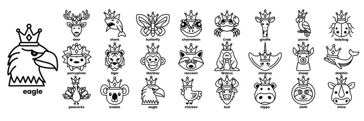 A collection of animal faces with crowns on them in line drawing style