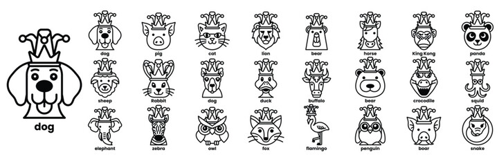 A collection of cartoon animals wearing hats, including dogs, cats, and birds in line drawing style