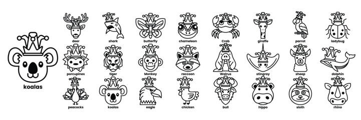 A collection of animal faces with hats on them in line drawing style