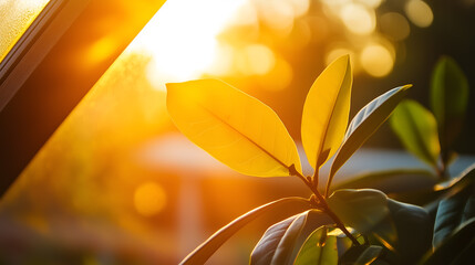 sunlight filtering through leaves, creating a warm glow. The image is filled with golden hues, highlighting the beauty of nature's details. The leaves appear vibrant, almost translucent.