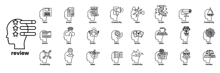 head with a star on it and the words review written below it in line drawing style