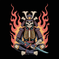 Vector illustration of a skeleton samurai, wearing armor, holding a katana, and surrounded by flames
