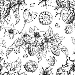 Raspberry mulberry flower buds, leaves, ripe forest garden berries bunch group, hand drawn in vector ink. Isolated seamless pattern. Dessert menu, farmers market grocery, food crockery packaging