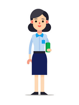 Minimal technician worker woman with shirt, skurt, shoes, holding phone vector illustration