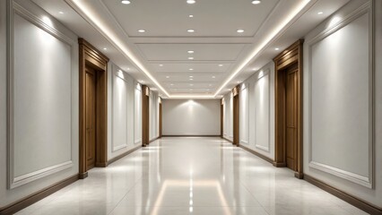 A modern, brightly lit hallway with wooden doors, white walls, and a polished tile floor in a luxury building.