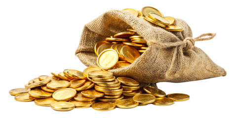 A bag of golden coins isolated on white background, AI GENERATED