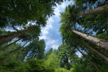 Obraz premium Forest Canopy: Serene Upward View of Lush Green Trees