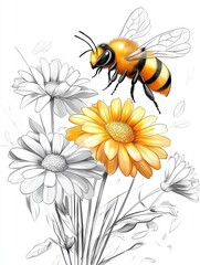 Bee pollinating vibrant flowers garden illustration nature close-up wildlife interaction