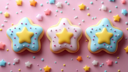 Colorful star shaped cookies decorated with icing and sprinkles on a pink background