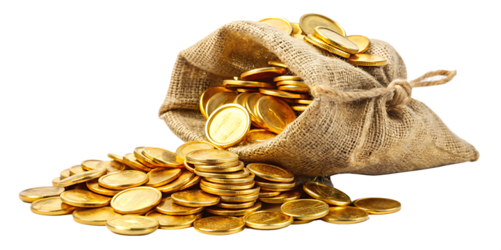 A bag of golden coins isolated on white background, AI GENERATED