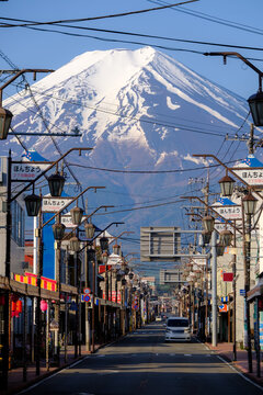 View of Mt Fuji at the end of Honcho street, Fujiyoshida, Yamanashi Prefecture, Honshu, Japan