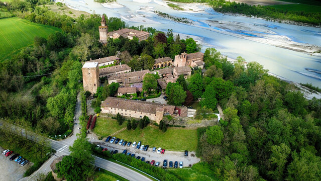 Aerial view of the village of Rivalta along the banks of the Trebbia river, Turin, Piedmont, Italy
