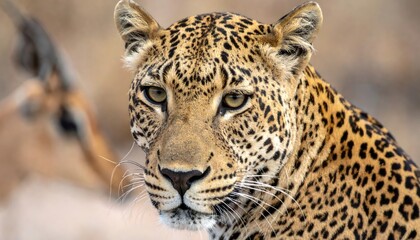Obraz premium Focused leopard portrait displaying its striking coat and intense gaze in natural habitat, showcasing wildlife beauty and predatory instinct