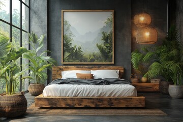 Modern bedroom with a wooden platform bed and jungle-themed decor.