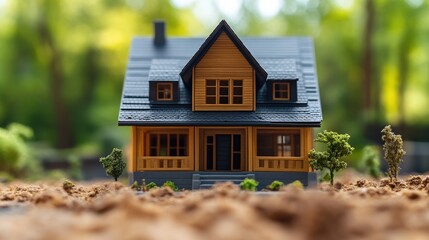 Miniature model of a traditional house surrounded by natural environment