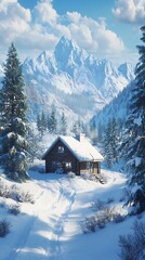 Snow covered cabin amongst mountains in winter scenery