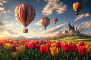 Hot air balloons over a castle in a field of tulips at sunrise