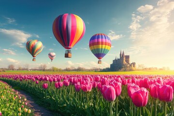 Fototapeta premium Colorful hot air balloons over a field of vibrant pink tulips