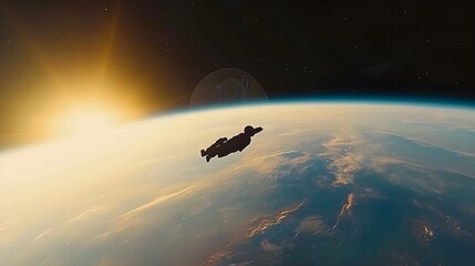 Fototapeta premium Captivating Astronaut Floating in Space Against a Stunning Sunrise