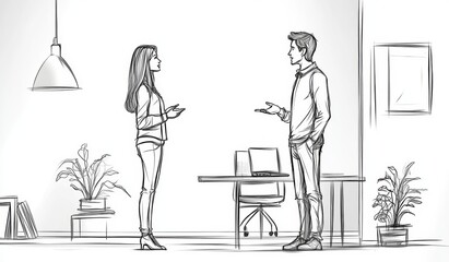 Two people are talking in a kitchen