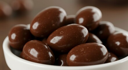 Fototapeta premium Dark chocolate-covered candies in a small bowl