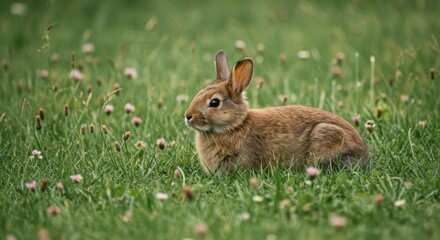 Fototapeta premium Adorable rabbit in a grassy meadow filled with wildflowers