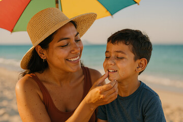 Happy mother applying sunscreen to her smiling son on a sunny beach under a colorful umbrella, enjoying summer vacation together