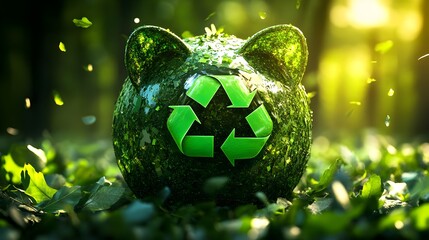 Cheerful Green Piggy Bank Adorned with Recycling Symbols in Nature