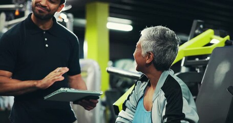 Gym, woman and personal trainer with tablet, talking and explanation for training service and smile. Health club, people and review of consent form with instructor, fitness and happy for schedule